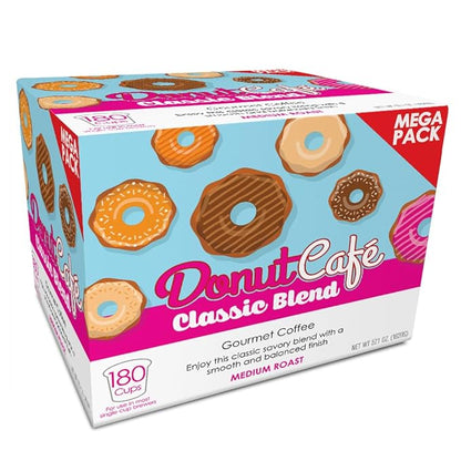 Donut Cafe Single Serve Coffee Pods for Keurig K-Cup Brewers, Classic Blend, Medium Roast, 180 Count Mega Pack