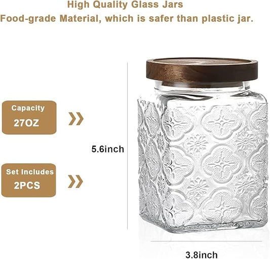 Snminetal Vintage Glass Airtight Storage Jar Set of 4, With Airtight Wood Lid, Kitchen Food Storage Containers,for Kitchen Counter, Pantry, Tea, Sugar,Coffee,Food Storage Jar(Plum pattern)