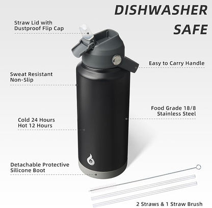 BJPKPK Water Bottle with Straw Lid, 32oz Vacuum Insulated Water Bottles, Metal Stainless Steel Thermos for Sports, Travel, BPA Free Leak Proof Thermos, Cups, Flasks, Tumblers,Black