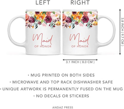 Andaz Press 11oz. Wedding Ceramic Coffee Tea Mug Gift, Fall Autumn Burgundy Orange Peach Flowers Roses Florals, Maid of Honor, 1-Pack, Includes Gift Box