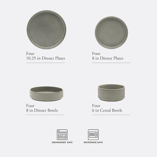 Gibson Elite Deerfield 16-Piece Stoneware Dinnerware Set – Soft Grey Reactive Glaze, Stackable Plates and Bowls, Service for 4 – Microwave & Dishwasher Safe