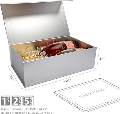 LIFELUM Gift Boxes with Lids, 1 Pack 13.8 x 8.3 x 4.4 inch Silver Gift Boxes with Ribbon, Card, Shredded Paper Filler for Presents, Graduation, Christmas, Birthdays