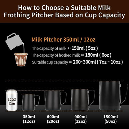watchget Milk Frothing Pitcher 350ml/600ml/900ml/1500ml (12oz/20oz/32oz/52oz) - Stainless Steel Espresso Steaming Pitcher for Cappuccino, Latte Art, Milk Jug Coffee Frother Cup, Black