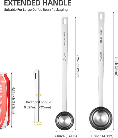 Coffee Scoop 1 Tablespoon with Extended Handle, Permanent Engraved 304 Stainless Steel Measuring Scoop for Ground Coffee, Spices (2pcs)