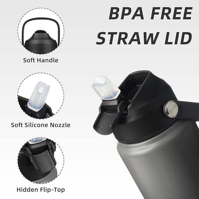 BJPKPK Water Bottle with Straw Lid, 24oz Vacuum Insulated Water Bottles, Metal Stainless Steel Thermos for Sports, Travel, BPA Free Leak Proof Thermos, Cups, Flasks, Tumblers,Black Grey
