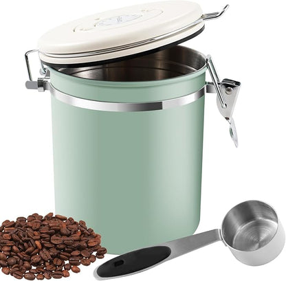 3Pcs Coffee Storage Canister 1.5L Double Airtight Coffee Beans Container with Date Locator 304 Stainless Steel Kitchen Food Storage Container with Spoon for Coffee Beans Grounds Tea,Green Sugar,Green