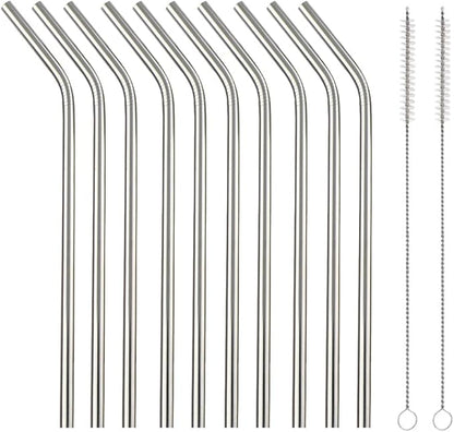 10 Pcs Stainless Steel Straws, Reusable Drinking Straws, Bent Metal Straw Sets with 2 Pcs Cleaning Brushes (Silver, 10.5 Inch)