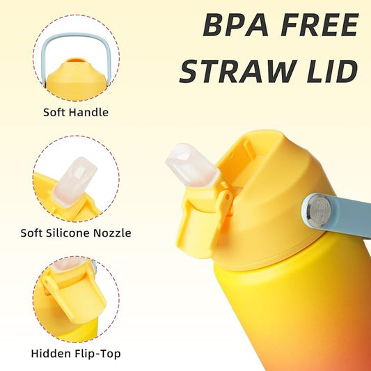 BJPKPK Insulated Water Bottle with Straw Lid, 12oz Thermos Water Bottles with Soft Nozzle, Flex Handle & Non-slip Boot, BPA Free Leak Proof Stainless Steel Metal Thermos, Tumblers, Cups,Rainbow