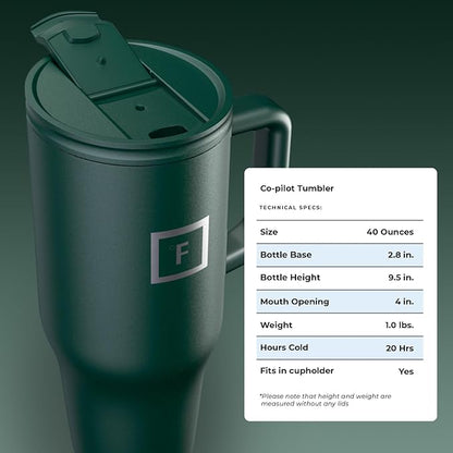 IRON °FLASK Co-Pilot 40 oz Insulated Tumbler with Straw & Flip Cap Lids - Cup Holder Bottle for Hot or Cold Drink - Leak-Proof, Double Walled - Water, Coffee Portable Travel Mug - Dark Pine