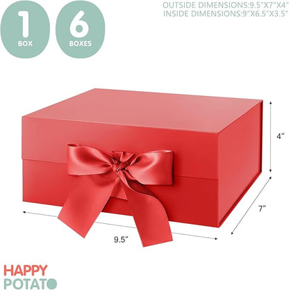 HAPPY POTATO Christmas Gift Box with Ribbon 9x6.5x3.8 Inches, Red Gift Box with Lid, Bridesmaid Proposal Box, Magnetic Gift Boxes for Presents (Glossy Red)