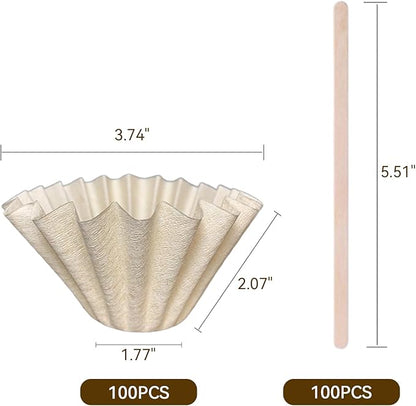 Coffee Filters 1-2 Cup 100 Count Disposable Basket Coffee Filter Paper with 100 Pcs Wooden Coffee Stirrer Sticks Natural Filters for Commercial Home Pour Over Coffee Kit
