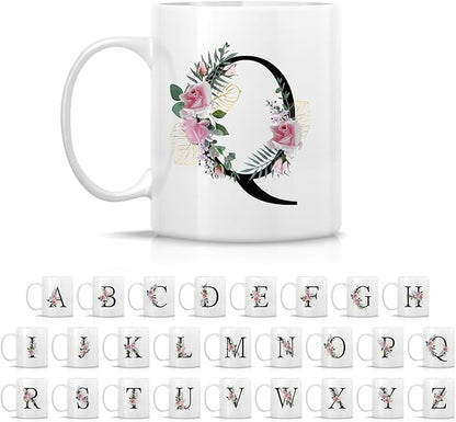 Retreez Initial A-Z Floral Botanical Bouquet Alphabet Monogrammed Monogram Mug 11 Oz Ceramic Tea Coffee Mugs - Appreciation Thank You Wedding Birthday Gifts for her friend coworker sister - Q Initial