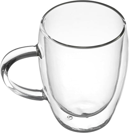 Restaurantware-Forma Professional 11.8 Ounce Glass Coffee Cups, 2 Insulated Coffee Cups With Handle - Dishwashable, Reusable, Clear Double Wall Beverage Tumblers, Freezable, For Hot Or Cold Beverages