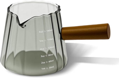 Espresso Measuring Cup 6 Oz, Espresso Glass Cups with Wood Handle, Milk Frothing Cup, Espresso Cup for Coffee, Milk, Tea or Maple Syrup Serving