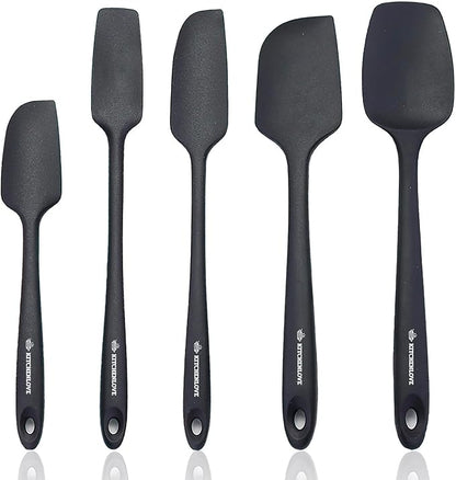 KITCHENLOVE Premium 600°F Heat Resistant 5 Piece Silicone Spatula Set for Baking, Cooking, Mixing - Non-Stick with High Grade S-Iron Steel Core - One Piece Seamless Design - BPA Free (Black)