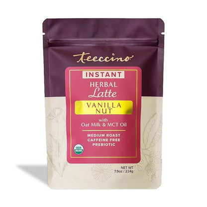Teeccino Organic Instant Vanilla Nut Herbal Latte – 14 Servings – Creamy Oat & Coconut Latte Plus MCT Oil with Vanilla & Dates Accenting Roasted Chicory – Prebiotic, Caffeine-Free – 7.9 ounces