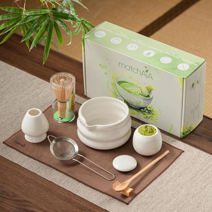 Matcha Whisk 8 Pcs Set - Ceramic Bowl, Bamboo Whisk with Holder, Canister, Sifter, Schima Spoon, Spoon Rest and Tea Towel, Complete Kit for Traditional Matcha and Modern Lattes (Glossy White)