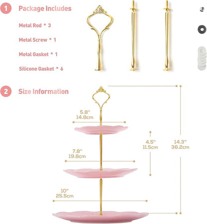 DUJUST Luxury Porcelain 3-Tier Cupcake Stand Tower, British Style Serving Tray with Golden Trim, Food Grade Dessert Display Stand, Beautiful Gift for Tea Party & Home Décor - Pink