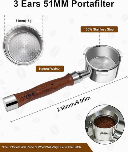 51mm Bottomless Portafilter 3 Ears Compatible with Delonghi Dedica EC680/EC685/EC885 and SMEG, EUPA Espresso Machines, Espresso Naked Bottomless Portafilter with Puck Screen and 18g Filter Basket-Wood