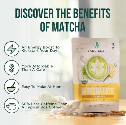Jade Leaf Matcha Organic Premium Ceremonial Grade Matcha Green Tea Powder - Japanese - Culinary, Ingredient, Ceremonial Barista Teahouse, Latte, Collagen, 5.3 Ounce (Pack of 1), Vanilla Matcha Latte