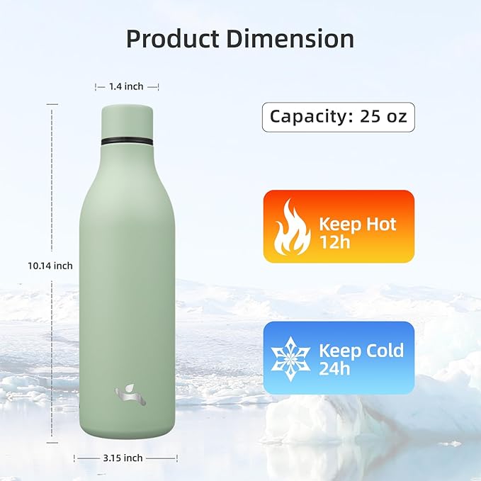 Insulated Water Bottle with Strap,25 oz Double Wall Stainless Steel Vacuum Bottles Metal Water Flask,Macaron Green
