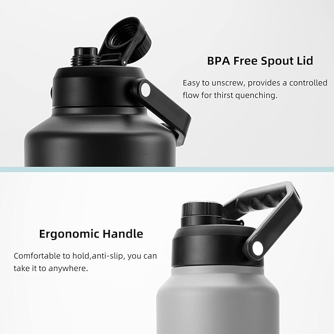 BJPKPK 64 oz Insulated Water Bottle, Dishwasher Safe Half Gallon Water Bottle with Ergonomic Handle, BPA Free Leak Proof Water Jug with Anti-slip Bottom, Stainless Steel Primary Color