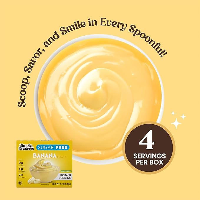 Simply Desserts Banana Instant Pudding, Sugar-Free, 6-Pack – Healthy Dessert, Keto Snacks, Vegan & Diabetic-Friendly, Kosher, 1.7 Oz Ea