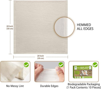 Organic Cheesecloth Bulk, GOTS Certified,10PCS,Grade 100,20x20Inch Hemmed Cheese Cloths Fabric Reusable Fine Mesh Cloth,100% Cotton Unbleached Muslin Bulk Cheesecloth Roll for Straining,Cooking,Yogurt