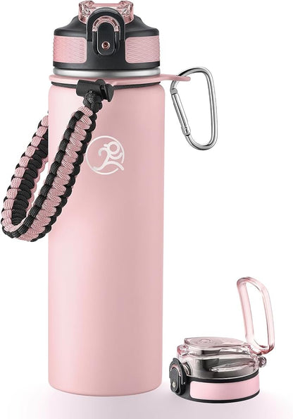GOSWAG Insulated Sports Water Bottle, 24oz 2 Lids(with Straw/No Straw), Stainless Steel Water Bottles with Paracord Handle, Insulated Bottle with Double-Wall Vacuum Insulation