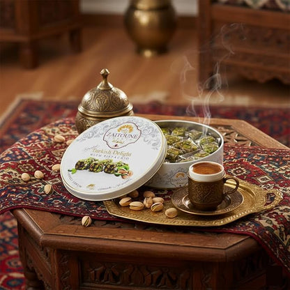 Zaitoune Pistachio Covered Turkish Delight – 0.55 lb | Stuffed with Delicious Nuts, Coated with Chopped Pistachios | Authentic Luxury Lokum Turkish Delight Candy in a Beautiful Gift Tin | Handmade & Individually Wrapped | Perfect Turkish Snacks