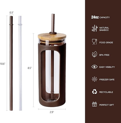 Kodrine 20oz Glass Tumbler with Straw and Lid, Iced Coffee Cups with Bamboo Lids, Glass Cups for Cold Drinks, Smoothie Cup with Silicone Sleeve for Travel, Work, BPA FREE-Brown