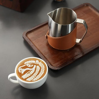 Milk Frothing Pitcher 450ml/16oz 304 Stainless Steel Espresso Steaming Pitcher with PU Leather, Milk Frothing Jug,milk frother cup,Milk Jug Cup,Premium Barista Tools,Latte Art (Black,20oz)