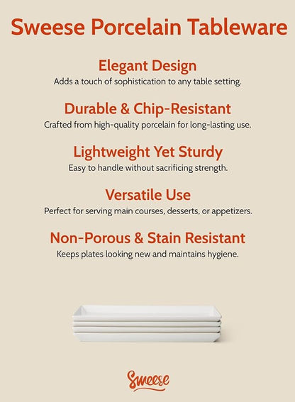 Sweese Porcelain Serving Platters 11.7 Inch - Elegant White Rectangular Plates, Set of 4 for Parties, Sushi, Appetizers