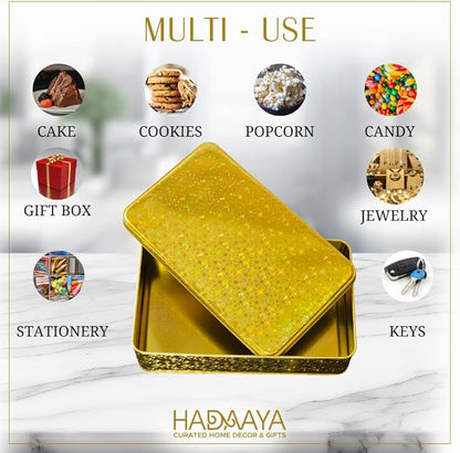 Gold Glitter Single Piece Empty Rectangular Tin Container With Lid, Multipurpose Festive Party Favor Gift Box For Cookies, Candies, Stationery & More - 7.5 x 4.25 x 2 Inches
