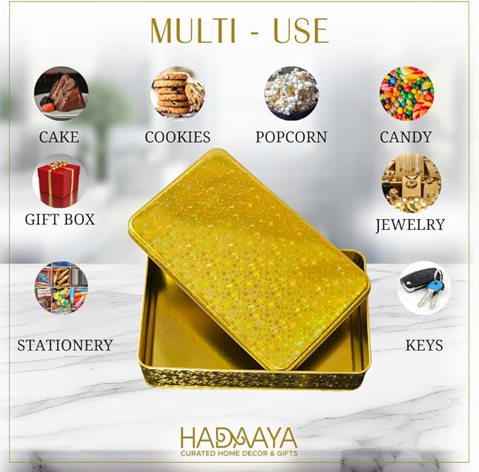 Pack of 6 Glittering Gold Rectangular Container With Lid, Multipurpose Tin Box, Festive Tin Box for Gift Giving, Cookies, Stationery & More - 7.25 x 5.25 x 2.25 Inches