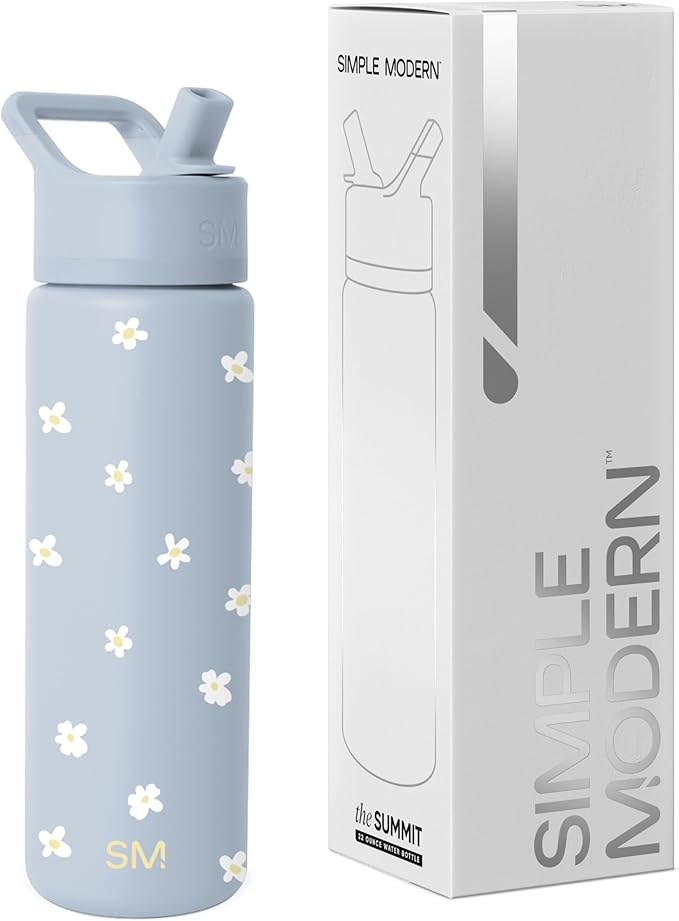 Simple Modern Water Bottle with Straw Lid | Vacuum Insulated Stainless Steel Metal | Reusable Leak Proof BPA-Free Cup for School | Summit Collection | 22oz, Sweet Daisy on Blue