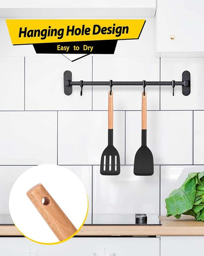 Pack of 2 Silicone Cooking Spatula, Heat Resistant Solid Turner, Non Stick Slotted Spatulas with Wooden Short Handle,Ideal Wood Kitchen Utensils Set for Frying, Baking, Flipping, Turning