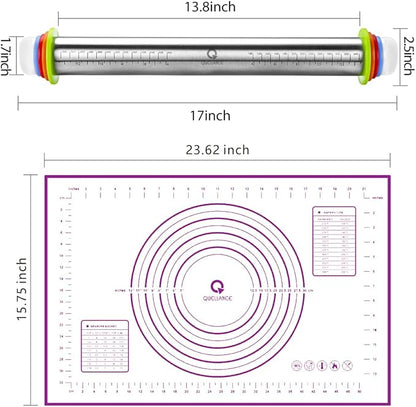 Rolling Pin and Pastry Baking Mat Set, Rolling Pins with Adjustable Thickness Rings, Stainless Steel Dough Roller for Baking Fondant, Pizza, Pie, Pastry, Pasta, Cookies (Purple)