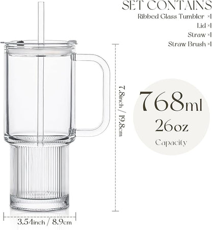 KEMORELA 26oz Ribbed Glass Mug with Handle and Lid – Large Clear Tumbler for Iced Coffee, Tea, Smoothies & Hot Drinks, Reusable Glass Cup with Straw, Dishwasher Safe, Travel Friendly