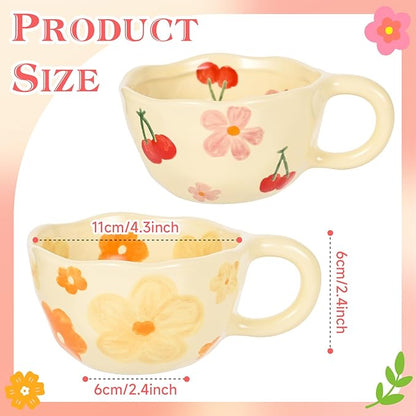 Ceramic Coffee Mug Set of 2 Vintage Flower Mugs 8 oz Cute Floral Coffee Mugs Irregular Latte Art Cup Lead-free Porcelain Cups for Cappuccino, Cocoa (Pink Cherry and Orange Flower)
