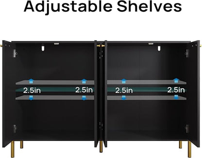 Black Fluted Sideboard Cabinet - Luxury Buffet Table with 4 Doors, Large Coffee Bar Station for Living Room, Kitchen, Hallway, Entryway Storage