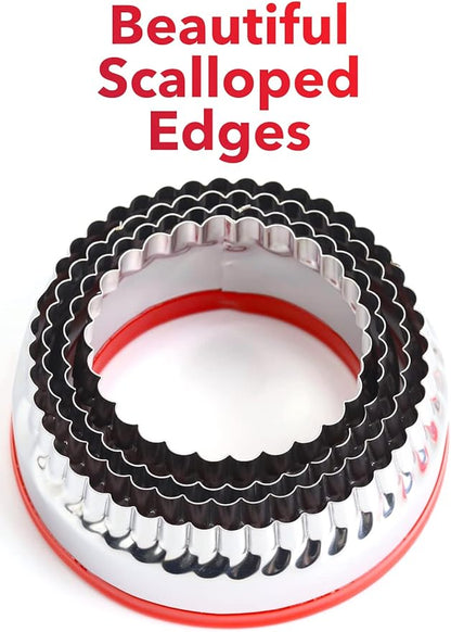 4-Pieces Fluted Round Cookie Cutters, Metal Circle Biscuit Cutters Set, Wave Cookies Cutter with Fluted Edge, Unique Design with Protective Red Top PVC