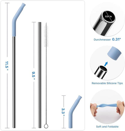 Metal Straw with Silicone Tip for 30oz Stanley Cup, 2 Pcs Stainless Steel Straws Replacement for Stanley 30 oz Adventure Quencher Travel Tumbler Cup, 1 Straw Brush (Light Blue)