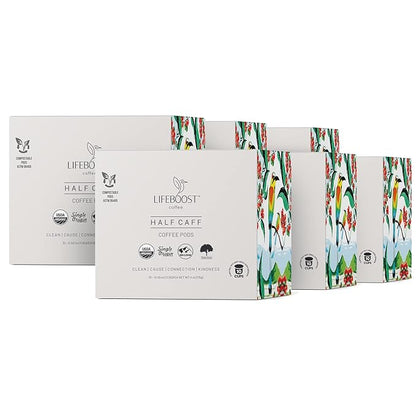 Lifeboost Half Caff Coffee K Cups - Low Acid Half Caff Coffee Pods - Single Origin Non-GMO Mold Free Pods Compatible with Keurig & Keurig 2 - No Mycotoxins or Pesticides - 10 Count