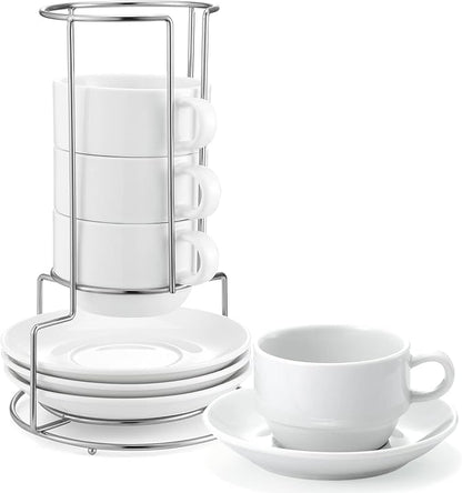 Yedio Porcelain 8 oz Coffee Cups with Saucers and Metal Stand, Porcelain Stackable Cappuccino Cups with Metal Stand, White, Set of 4