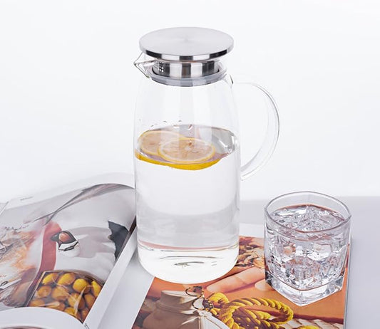 60 Ounces Glass Pitcher with Lid, Hot/Cold Water Jug, Juice and Iced Tea Beverage Carafe