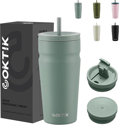 COKTIK 20oz Insulated Tumbler with Lid and Straw 2 Lids (Straw/Flip) Iced Coffee Cup Reusable Stainless Steel Travel Mug Water Bottle Cupholder Friendly for Women Men Her Him (Bay Leaf)