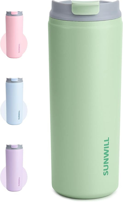SUNWILL Travel Coffee Mug with Lid, Stainless Steel Coffee Tumbler Cups 16 oz Leakproof, Powder Coated Matcha
