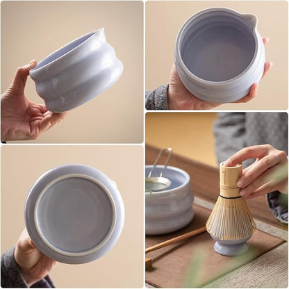 Matcha Whisk Set 8 Pcs - Ceramic Bowl, Bamboo Whisk with Holder, Canister, Sifter, Schima Spoon, Spoon Rest and Tea Towel, Complete Kit for Traditional Matcha and Modern Lattes (Purple)