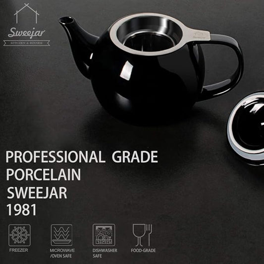Sweejar Porcelain Teapot with Removable Stainless Steel Infuser,Microwave & Dishwasher Safe Tea Pots for Loose Tea,Tea Infuser Pots for Chrismas Women Gift (30oz Black)